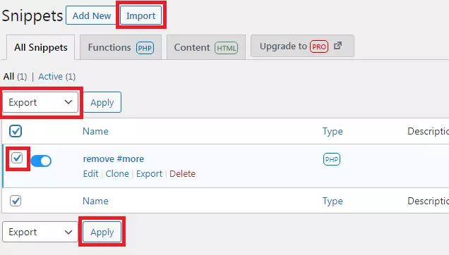 custom code snippet import export